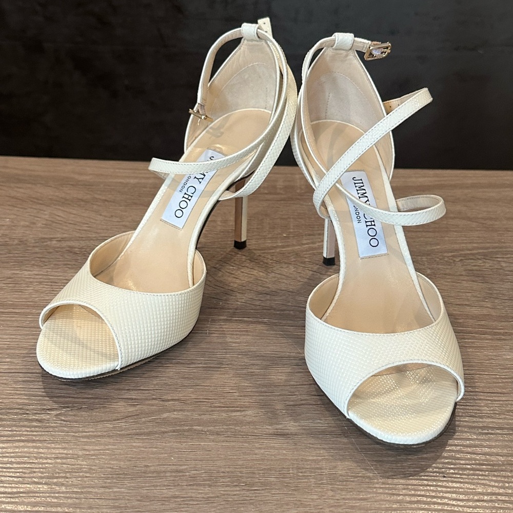 JIMMY CHOO EMSY 85MM CHEVRON EMBOSSED PATENT SANDAL HEELS  Size 37/7 - Picture 7 of 9